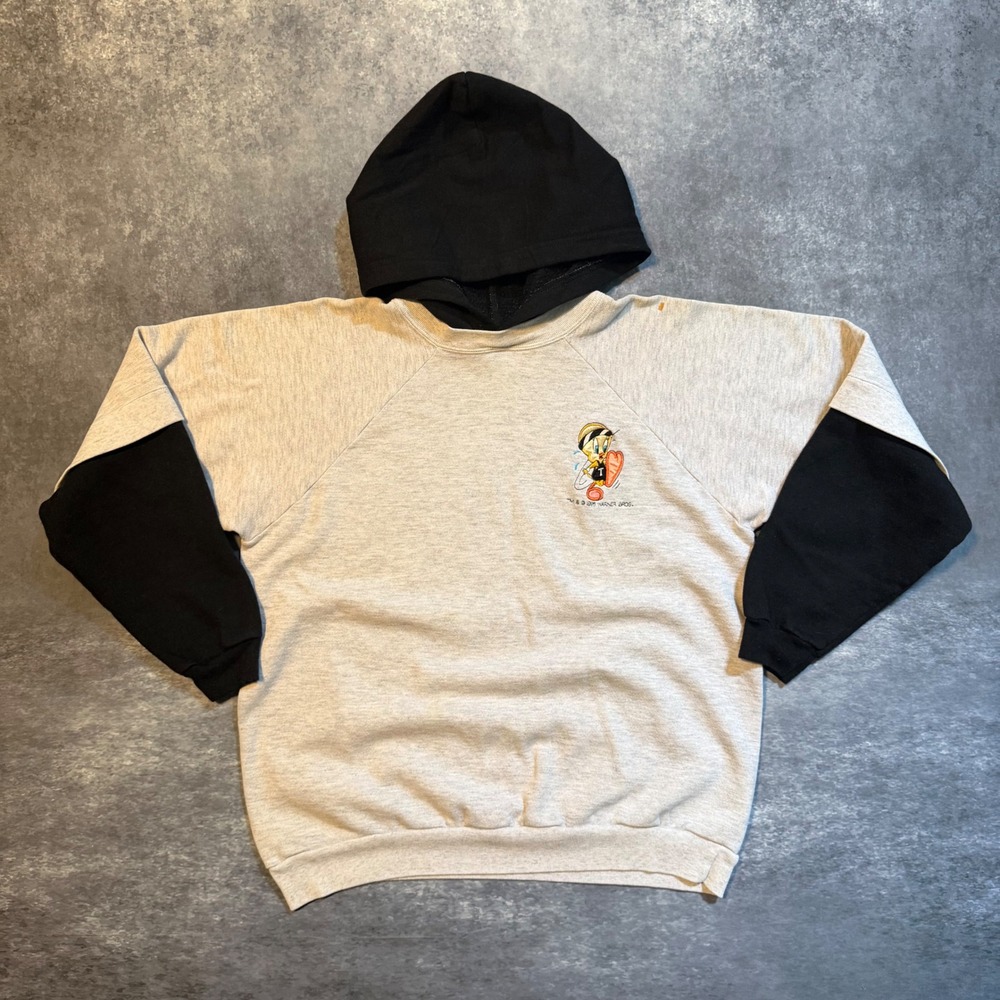 Vintage 1995 Tweety Bird Looney Tunes Hoodie College Ware USA Grey Black XL